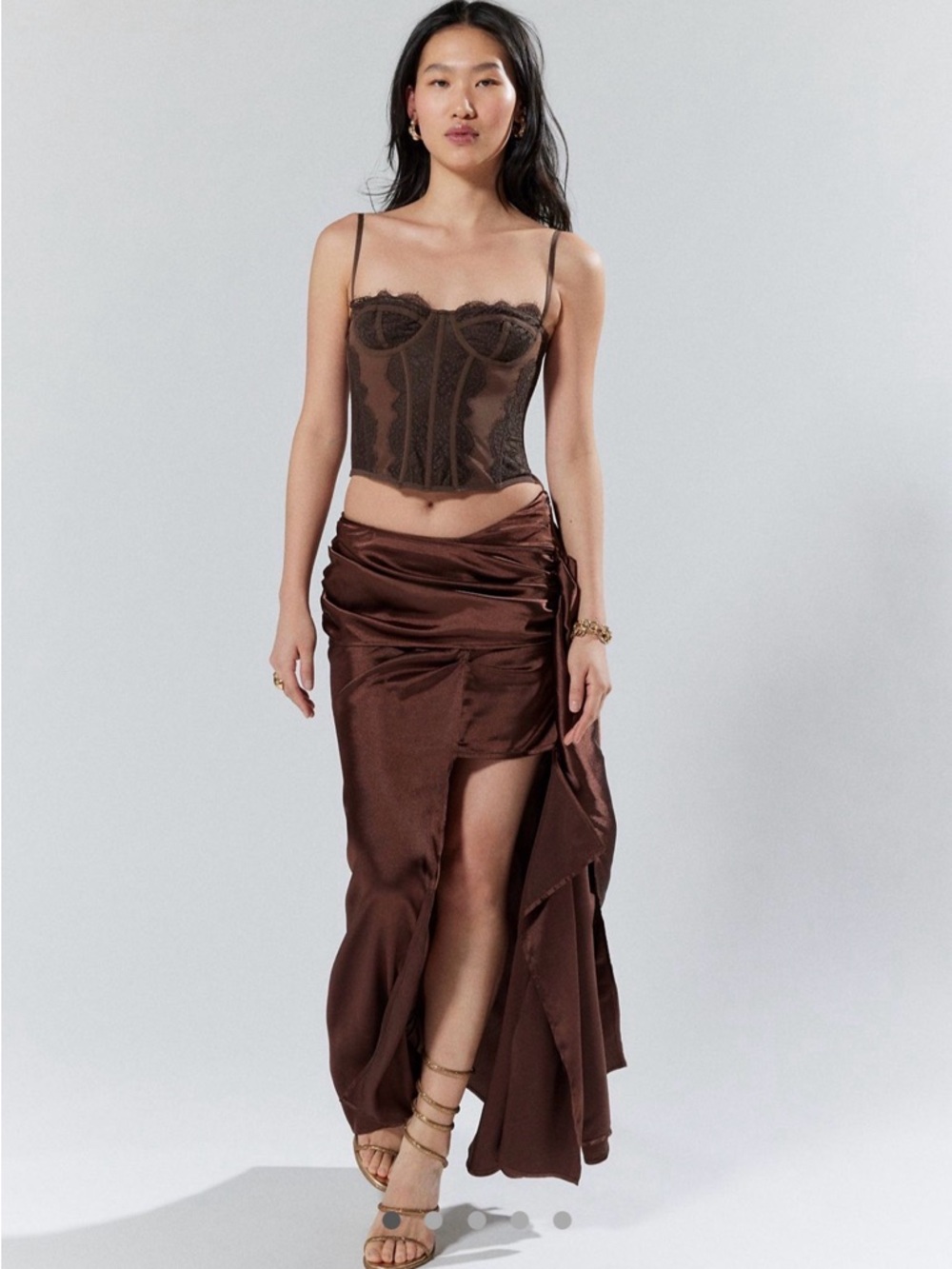 House of Sunny Brown Satin Ruched Skirt